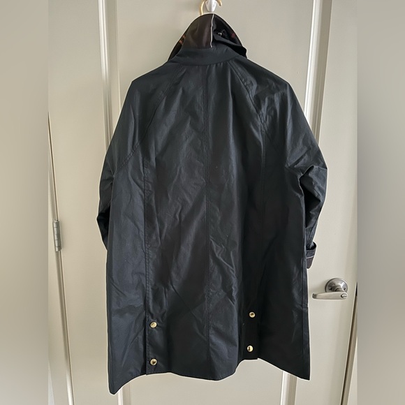 NEW! BARBOUR size 6 US Beadnell Long Wax Jacket Navy Blue Classic Tartan Gold - Picture 3 of 11